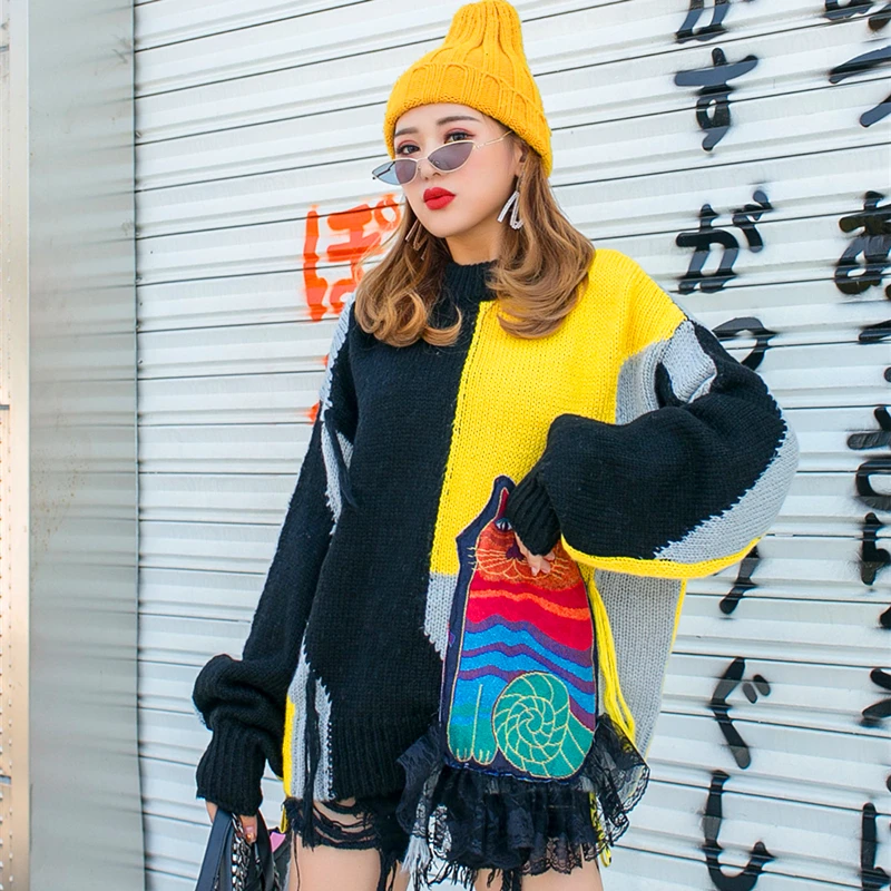 QIN GMO Casual Women Pullovers Sweater 2021 Spring Autumn Cat Appliques Female Patchwork Color ZQY5231 | Женская одежда