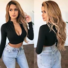 Женская футболка на молнии с длинным рукавом, облегающая Повседневная Однотонная футболка, боди, женский топ, Модный Черный Топ для женщин