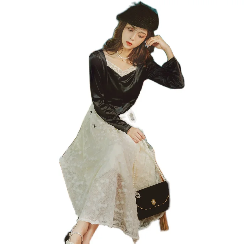 

retro elegant rose bow party dresses French velvet joining together in a long dress