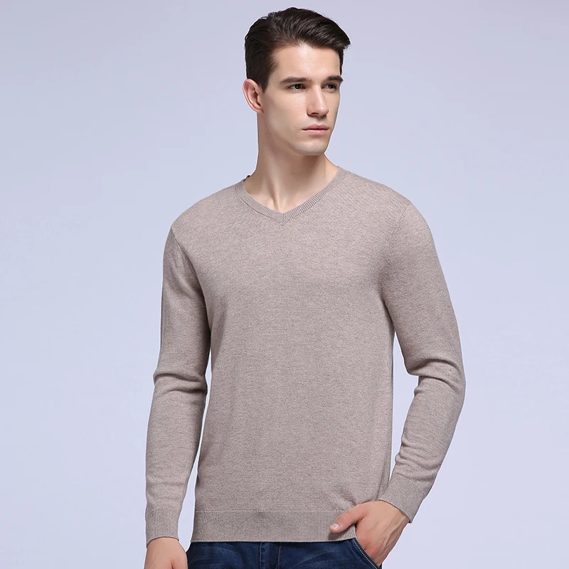 Высококачественный мужской однотонный свитер из 100% мериносовой шерсти с v