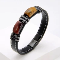 yishucha genuine woven leather mens bracelet trendy stainless steel geometric tiger eye bead bracelet bangle man jewelry