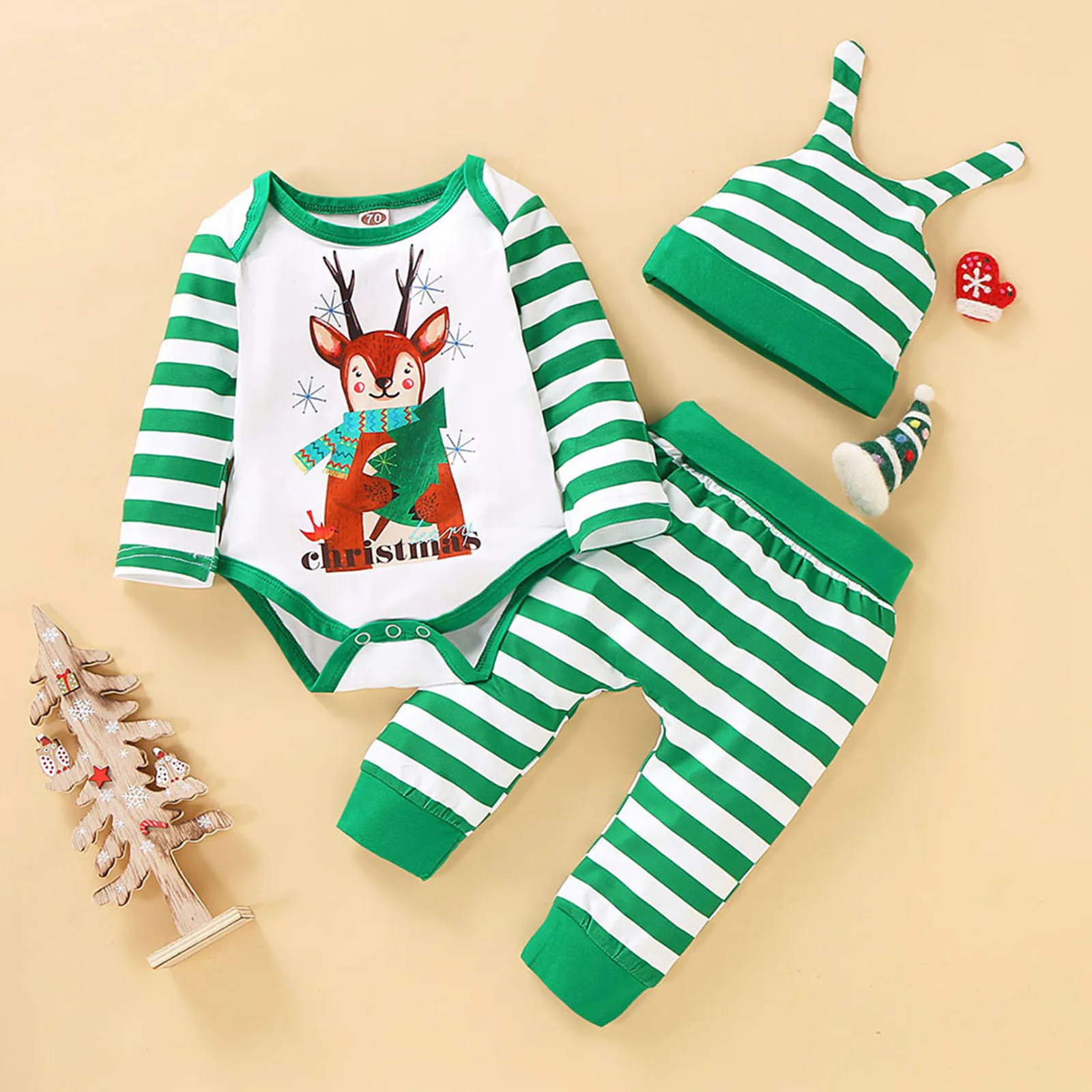 

3PC Newborn Baby Girl Clothes Set Christmas Cotton Long Sleeve Deer Printed Romper Bodysuit+Striped Pants Casual Infant Clothing
