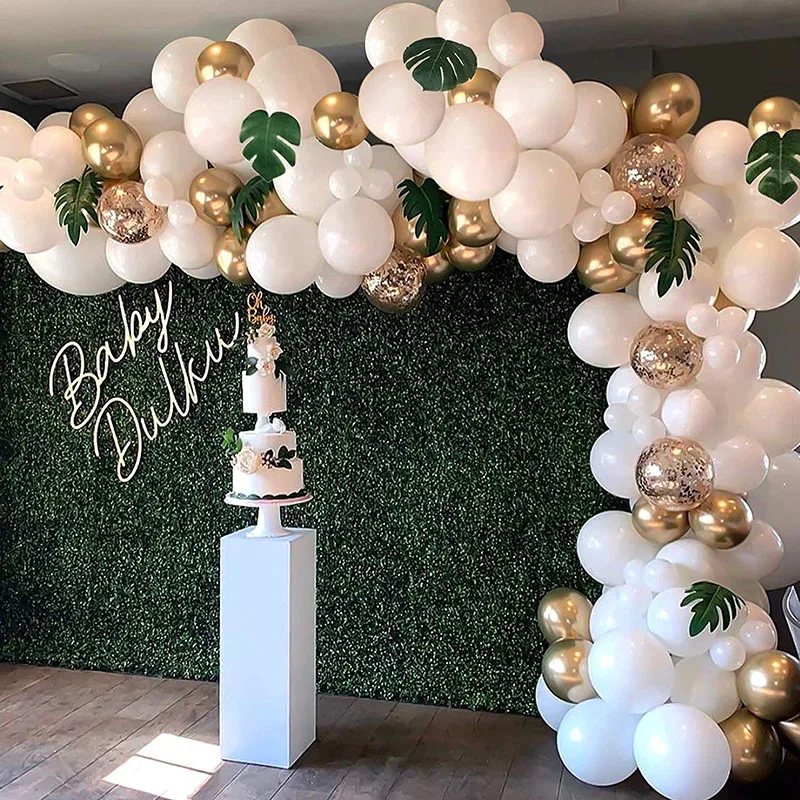 

124PCS Balloon Garland Arch Kit White Gold Confetti Balloons Artificial Palm Leaves For Wedding Birthday Baby Party Decorations