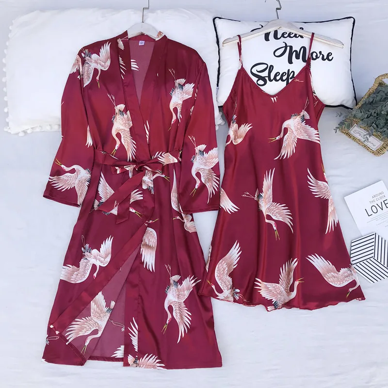 Атласное кимоно для влюбленных банный халат с принтом журавлей женский комплект