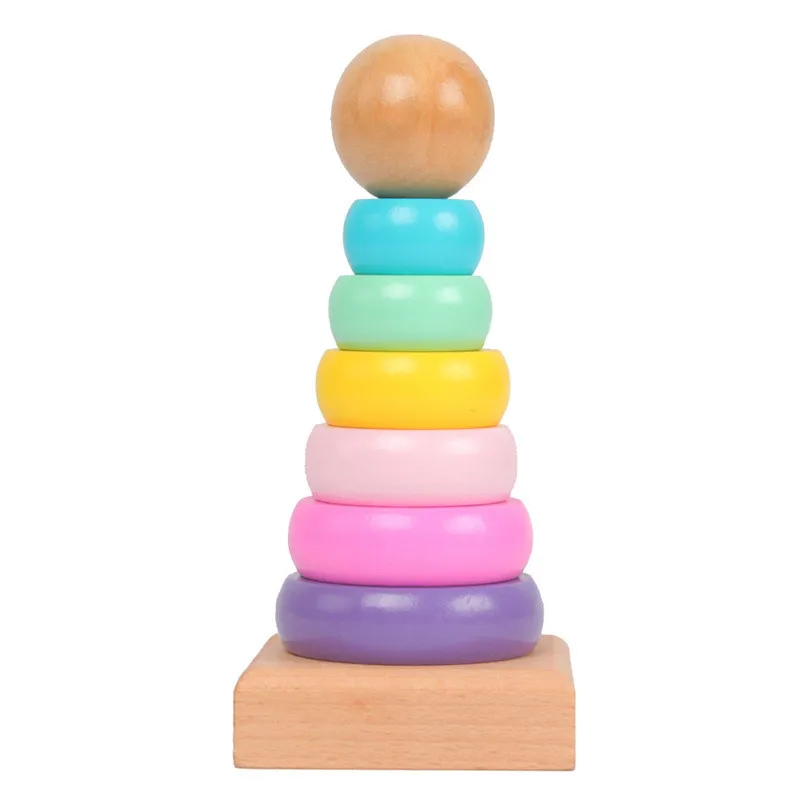 Juguetes Educativos para beb&eacute;, torre de arco&iacute;ris, columna de anillo en capas de Jenga, juguete de madera de Color Macron para que el beb&eacute; aprendan a jugar-0