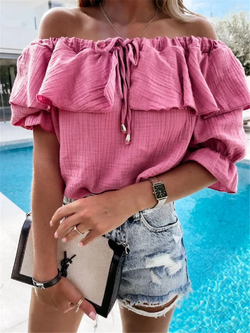 

New Fashion Women Solid Color Shirt Sexy Slash Neck Summer Clothes Brand Ruffles Blouse 4 Colors Drop Shipping