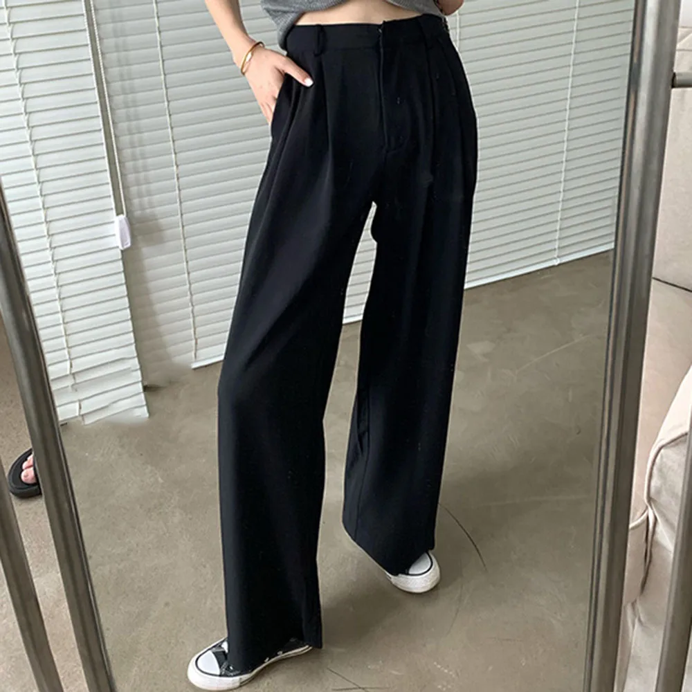 

Korean Style Chic Casual Wide Leg Pants Women 2021 Green Beige Black Fall Office Trousers Streetwear Loose High Waist Pants
