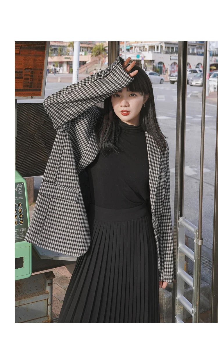 

Women Blazers 2020 Spring Autumn Single Breasted Loose Casual Vintage Plaid Suit Jacket Office Lady Retro Outerwear Coat A105