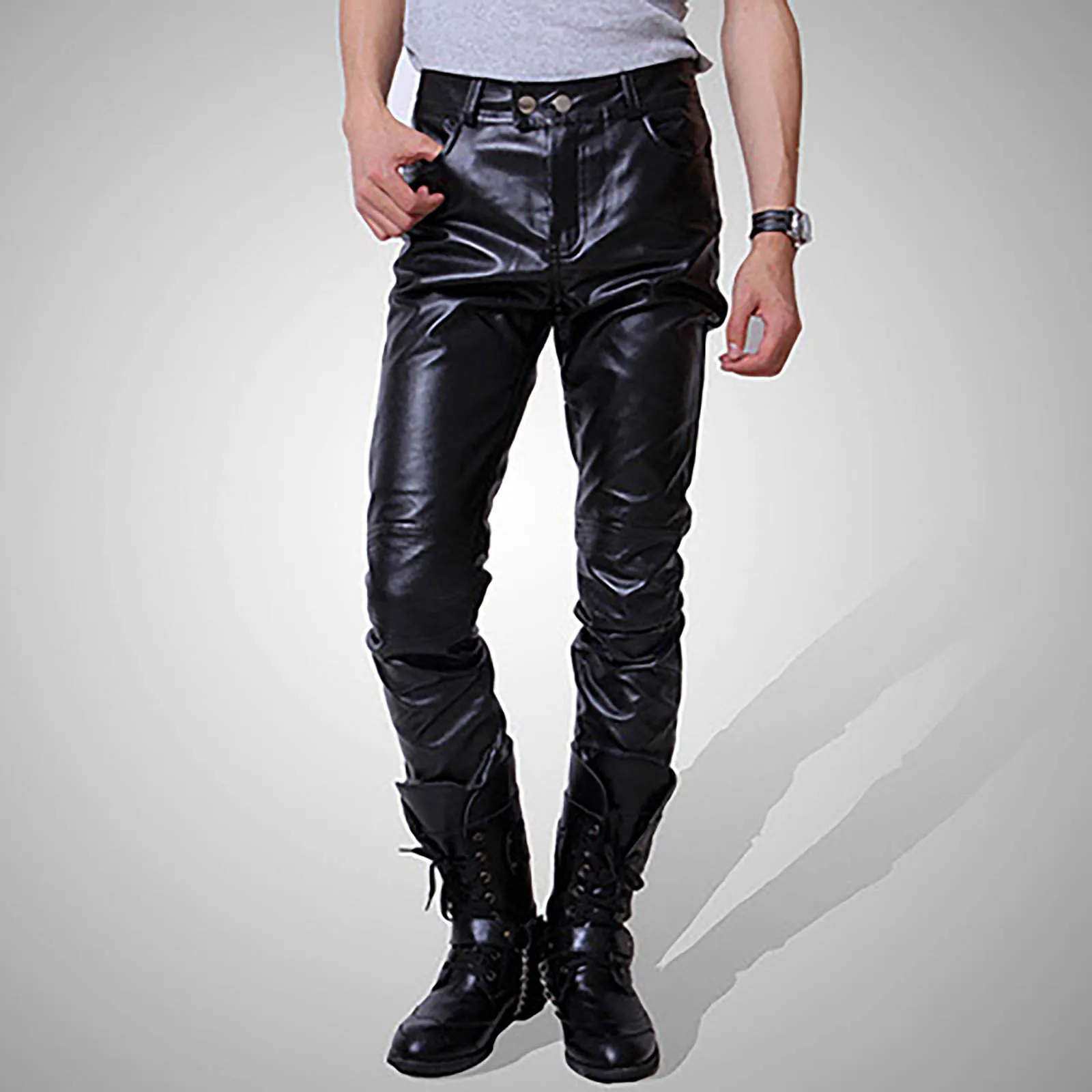 

Мужские брюки на молнии, черные штаны из искусственной кожи с карманами, в стиле панк, брюки из искусственной кожи, 2021