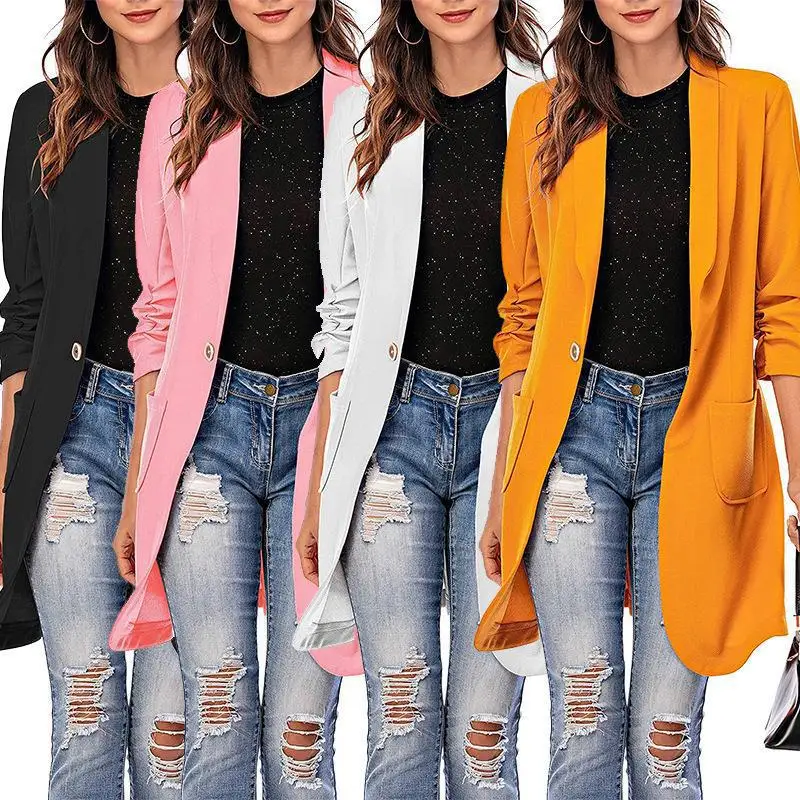 

Casual Women Long Coat Single Button Blazer Outerwear Long Sleeve Office Lady Cardigans Women Blazer Coats