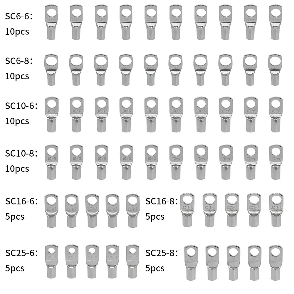 

Assortment Tinned Lugs Battery Lug Connectors Tinned Copper SC Terminals Bolt Hole Cable Connectors SC6-25 Assortment Kit 60PCS