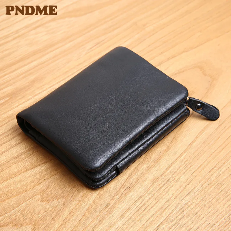 PNDME simple casual genuine leather men's small wallet fashion retro real cowhide three fold large capacity women's coin purse