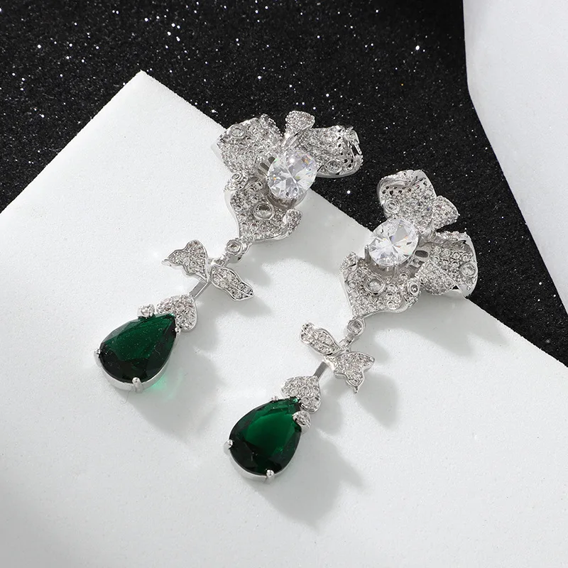 

Linmouge Luxury Trendy Earrings For Women Green Stone Cubic Zirconia Flower Shiny Rhinestone Dangle Female Wedding Jewelry GE30