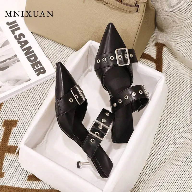 MNIXUAN Classics women mules slippers summer outdoor 2020 new covered pointed toe pumps high heels buckle sandals size 46 | Обувь