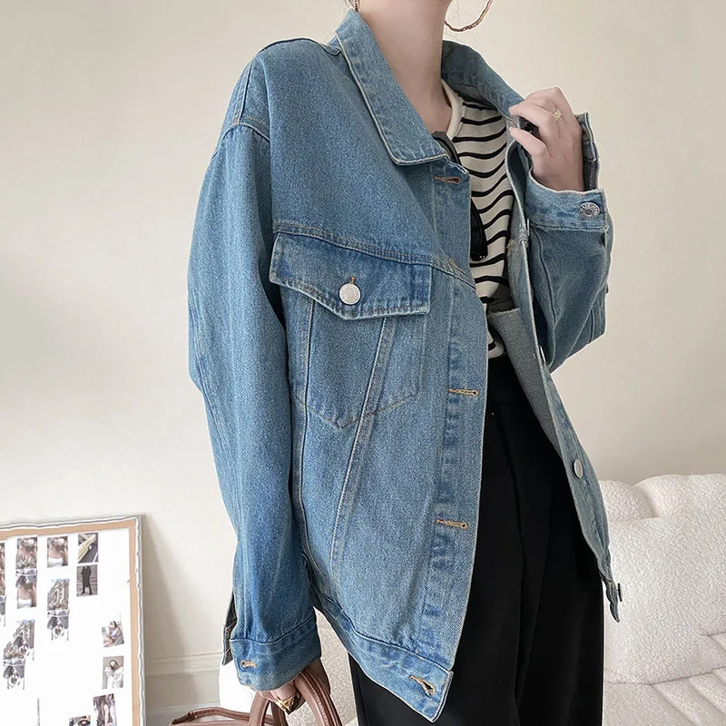 

SHENGPALAE Fashion Streetwear Jacket Women Autumn 2021 New Lapel Loose Single Breasted Long Sleeve Denim Coat Female Tide 5E3304