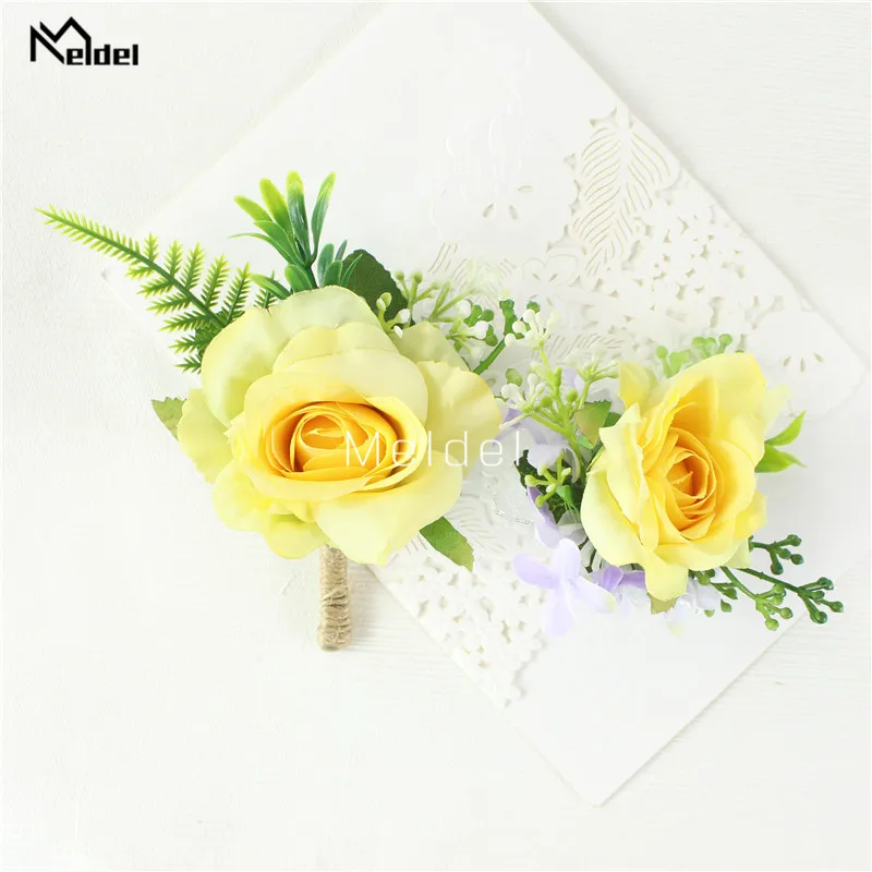 Meldel Boutonniere and Wrist Corsage Artificial Flower Silk Rose Pink Wedding Girl Bracelet Men Brooch Pins Groom |