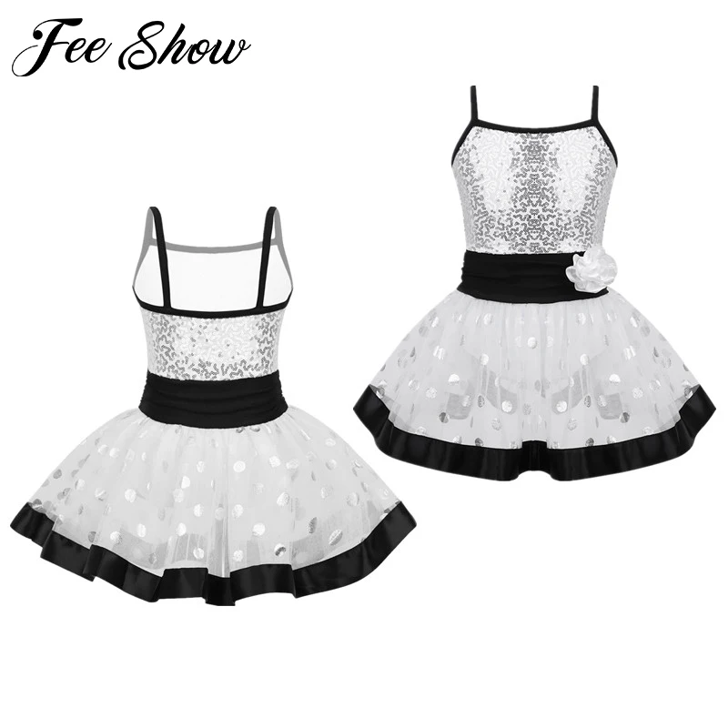 Kids Teens Spaghetti Straps Sequin Flower Polka Dots Mesh Girls Tutu Ballet Dress Gymnastics Leotard Performance Dance Costumes | Детская