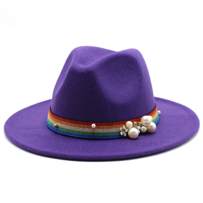 

fedora hats men women rainbow band pearl luxury casual winter hats women solid color fascinator jazz caps red yellow felted hats