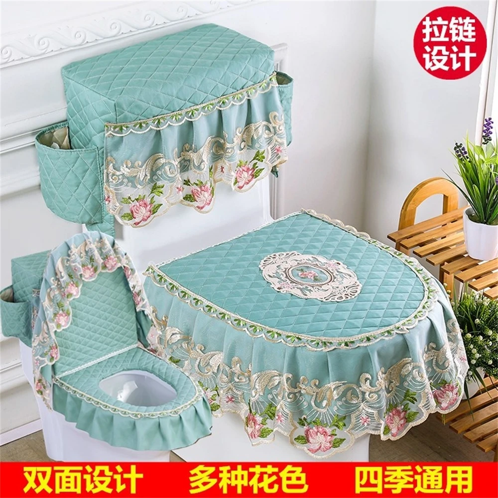 

3pcs Toilet Seat Cover Washable Embroidery Toilet Cover Tank Cover With Storage Bags Printed Lace Bathroom Toilet Cover