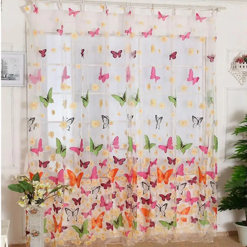 

2pcs Butterfly Sheer Curtains For Living Room Bedroom Colorful Voile Tulles Blinds Kitchen Window Treatments Panel Drapes