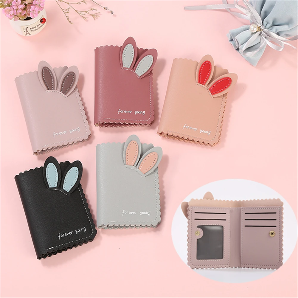 

2021 Fashion Leather Women Cute Bunny Ears Lychee Pattern Multi-card Position Short Wallet Buckle Purse Designer Card Wallet
