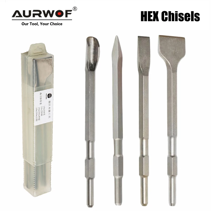 Набор из 4 долот на шестигранном хвостовике 17 мм длиной 280 мм для точения, выточки, резки и разбивки бетонных и кирпичных стен с помощью перфоратора.