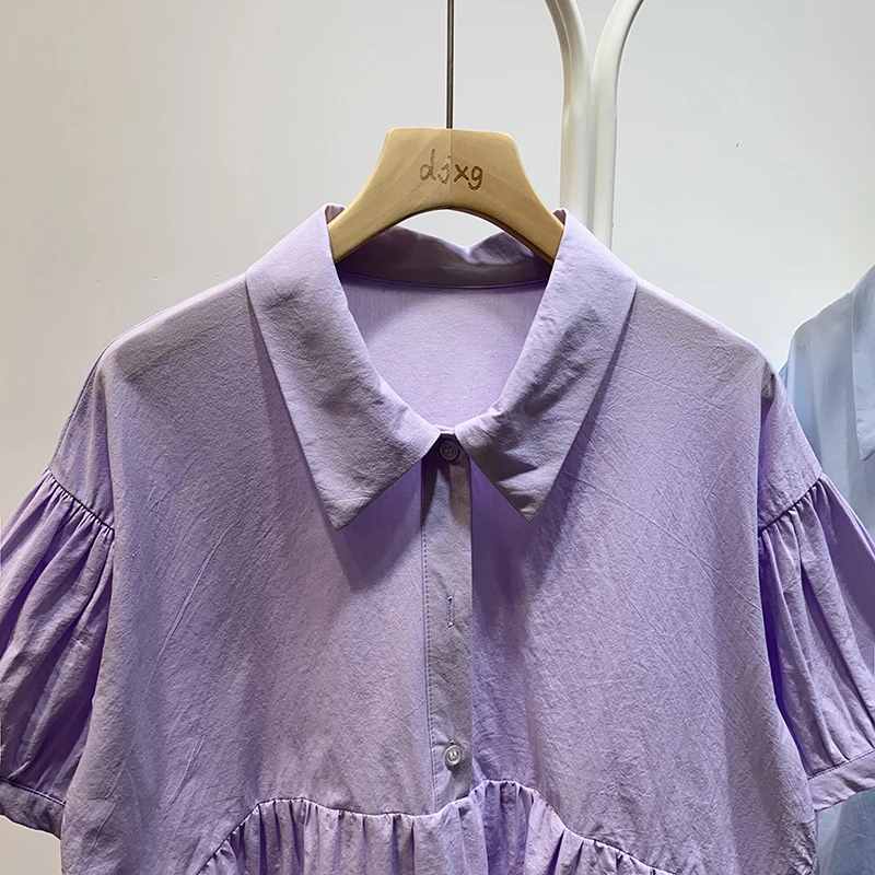 

2021 Summer Korean Style Simple Western Lapel Short Sleeve Women Top High-Waist Solid Ladies Blouse Retro Doll Pullover Shirt