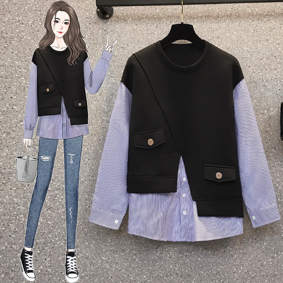 

AUTUMN Korean Fashion Streetwear Top Pullover Asymmetric Patchwork Fake Two Piece Set Plus Size Hoodies Sweatshirt Women Girl