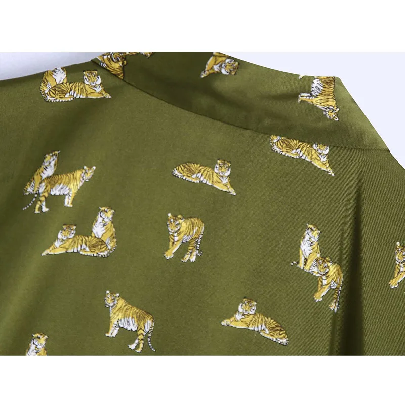 

Long-sleeved Lapel Animal Print Pleated Design Women's Dress Vintage Slim Waist Chic Female Dresses