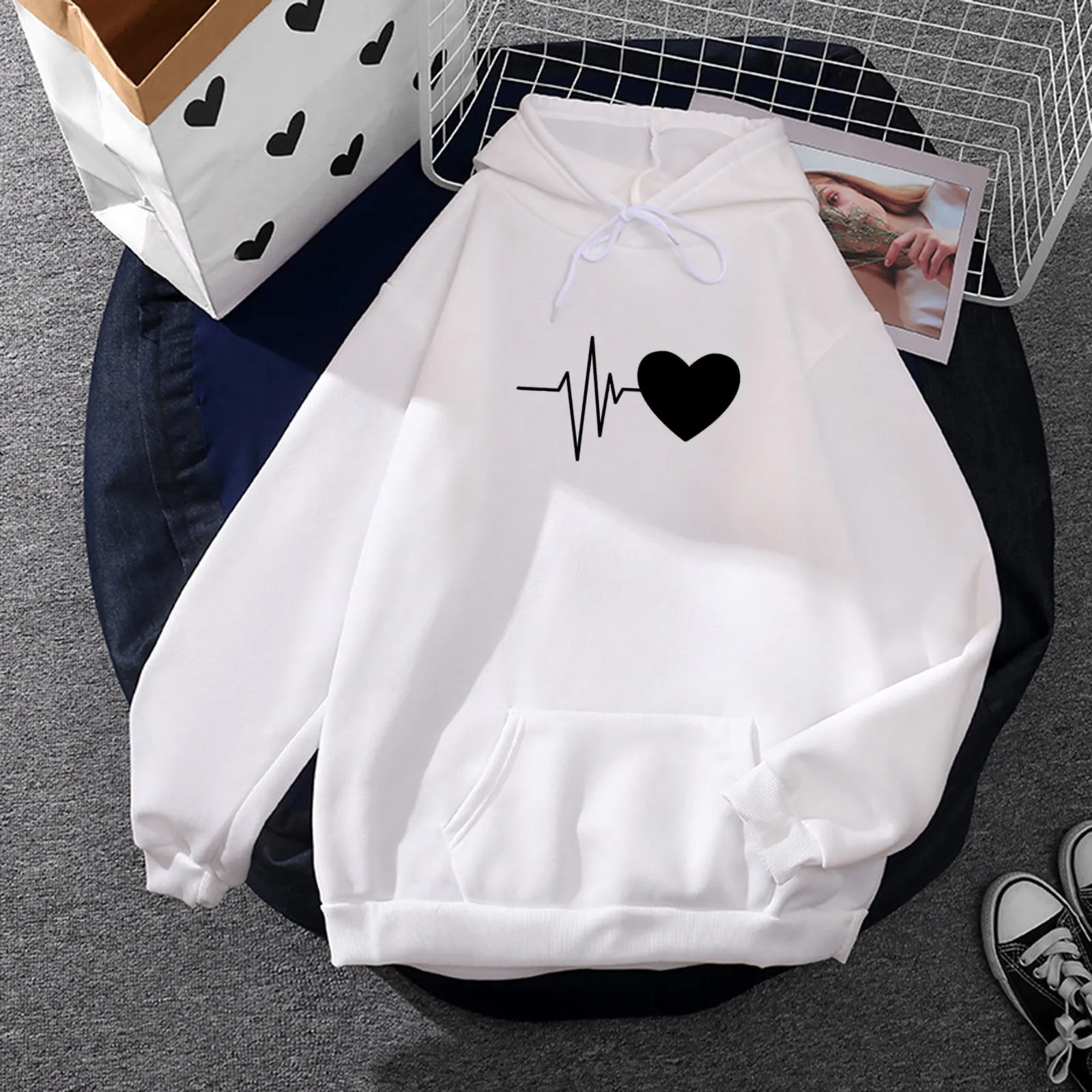 Fall Winter Hoodie Women Thick Plus Velevt Warm Oversized Sweatshirt Hoodies Casual Heartbeat Print Top Long Sleeve Loose Hooded