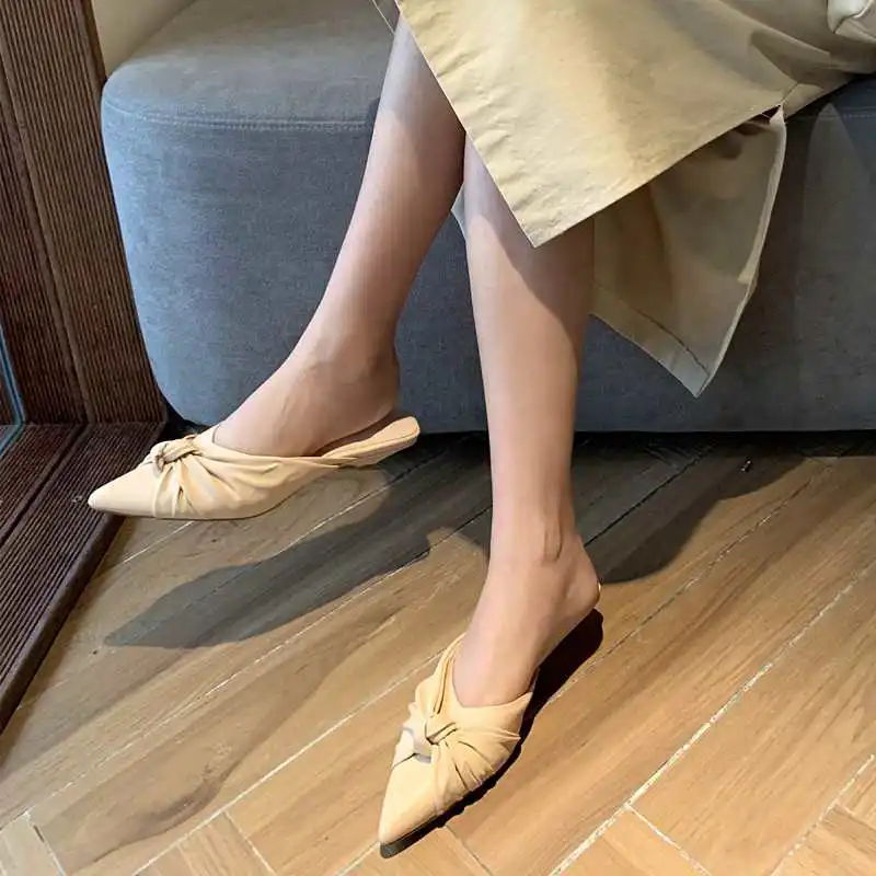 

lenkisen genuine leather pointed toe med heels strange style fashion beauty lady daily wear mules slip on women sandals L41