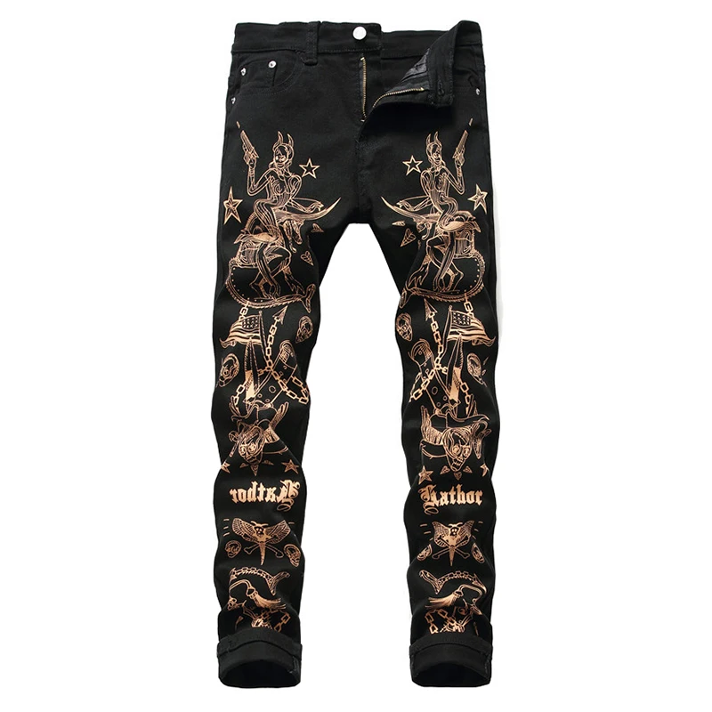 

Sokotoo Men's slim 3D print jeans Fashion sexy beauty flag skull painted black stretch denim pants