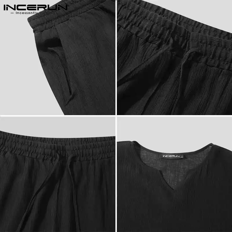 

INCERUN Vintage Men Sets Solid Color V Neck Short Sleeve Casual T Shirt Drawstring Pants 2021 Leisure Men Suits 2 Pieces S-5XL