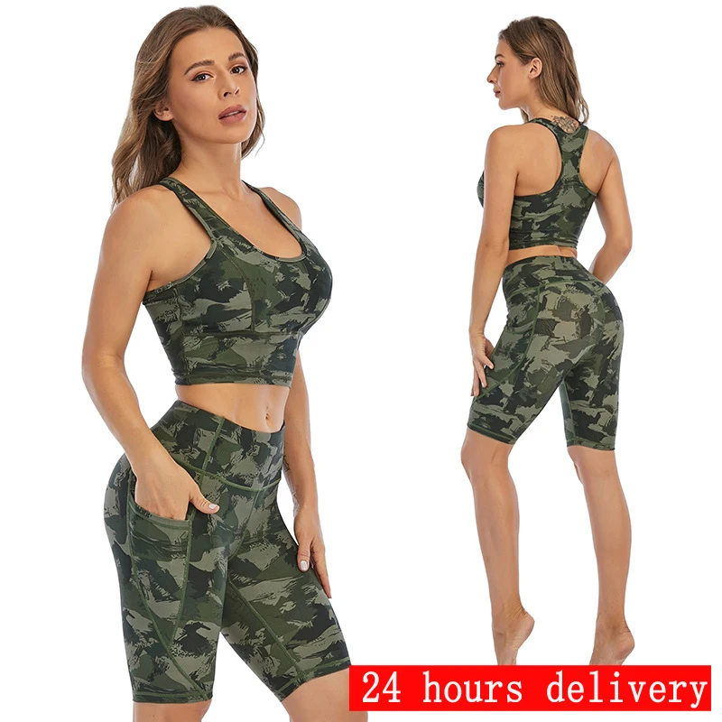 

Yoga Pants Women Summer High Waist Tight-fitting Hip-lifting Five Cent Pants Sports Fitness Wear with Breast Pad Unrimmed Beauty