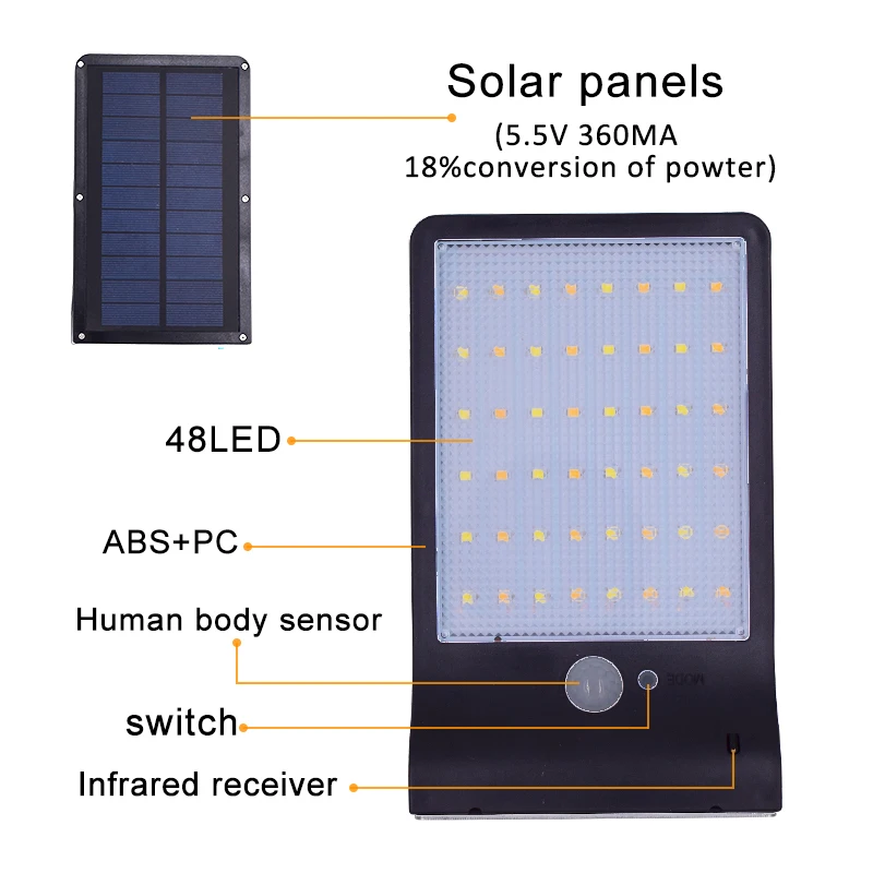 Color Adjustable Solar Lights Motion Sensor Three Modes 48 LEDS Outdoor Wall Garden Street Yard Waterproof Lighting Lamp | Лампы и