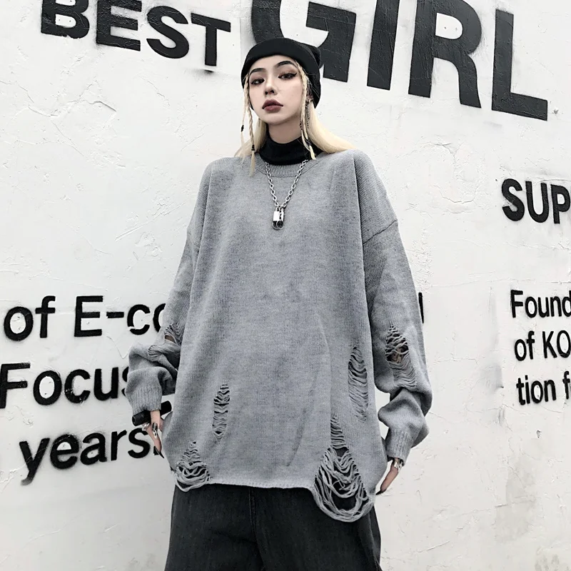 Мужской и Женский рваный свитер с длинным рукавом Свободный пуловер в стиле