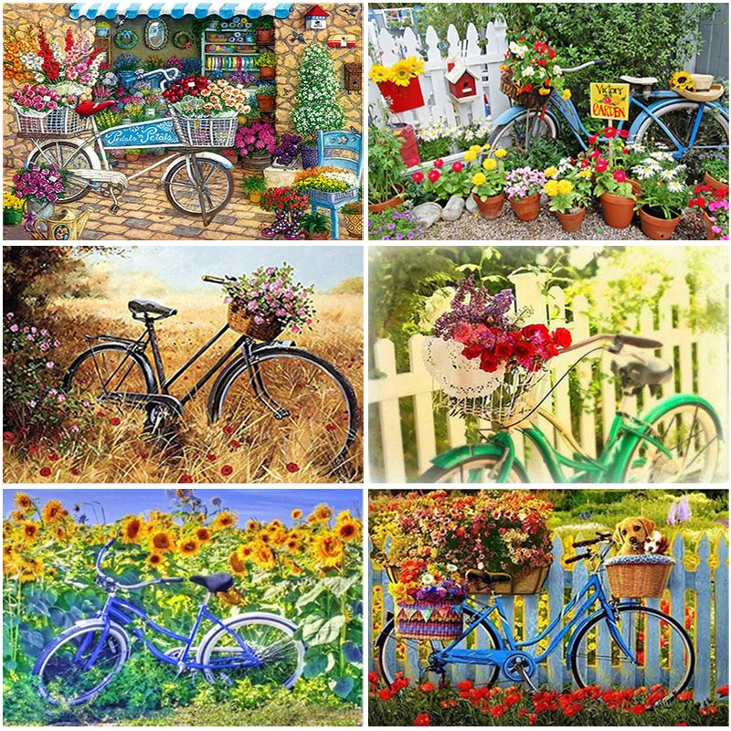 

DIY 5D Diamond Painting Bicycle Flower Full Round Resin Mosaic Diamond Embroidery Scenery Cross Stitch Rhinestone Art Home Decor