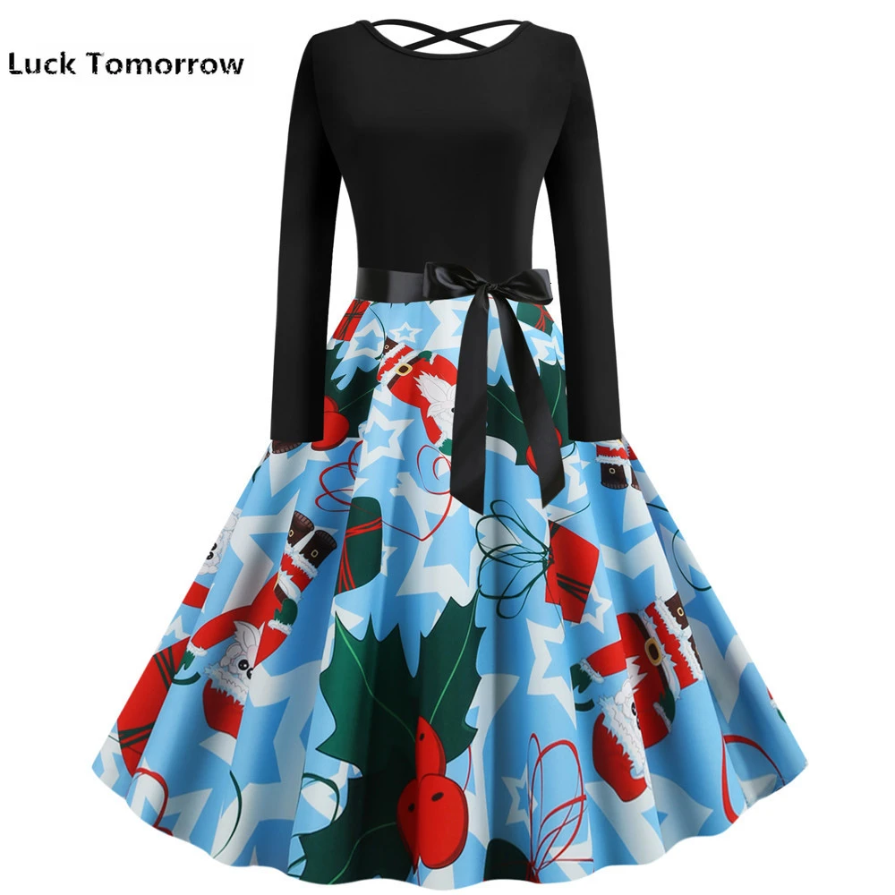 Ретро принт высокая талия винтажное рождественское платье для женщин 2019 Осень