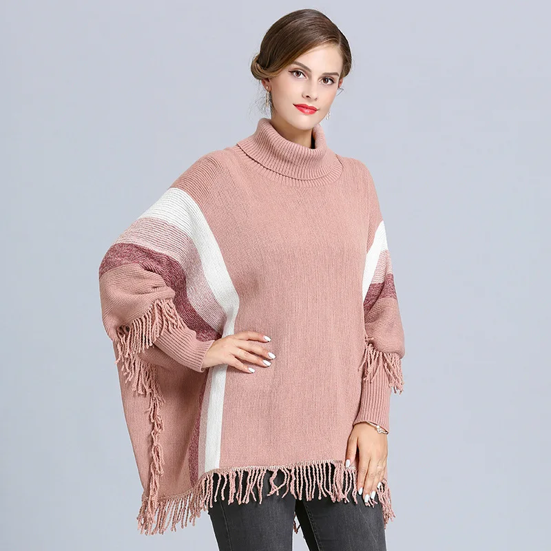 SC372 зимняя теплая вязаная Высокая накидка на шею свитер в Вертикальную Полоску осенний пуловер модное женское свободное пончо с кисточками