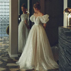 Shiny Glitter Wedding Dresses with Puff Short Sleeve Vintage Bride Dress 2021 Boho Wedding Gowns Pri in India