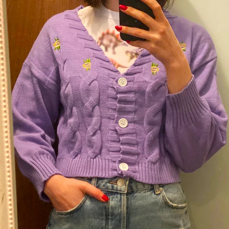 

Женский трикотажный свитер с цветочной вышивкой, свободный короткий кардиган с V-образным вырезом, в стиле Харадзюку, Осень-зима