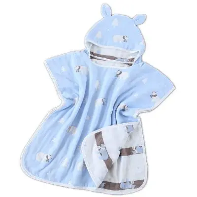Bear Blue Хлопок марля 6-слойное бальное платье Детское банное Полотенца с меховым капюшоном Детские пончо Животные колготки для младенцев с рисунком Пляжная накидка Полотенца - Цвет: Bear Blue