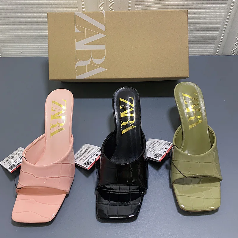 

ZA 2021 Summer New Women's Slippers Square Toe Sheep Leather One Strap Open Toe Slippers Patent Leather Stiletto Women Sandals