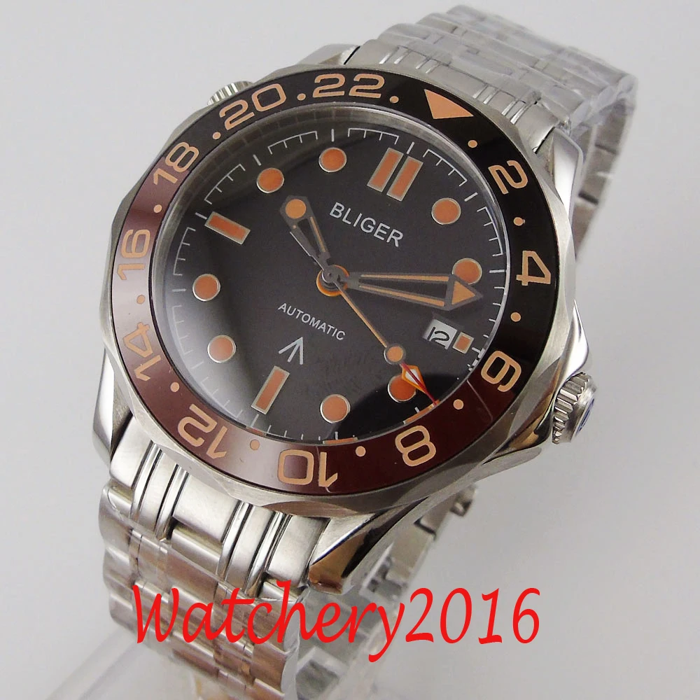 Роскошные 41 мм Bliger стерильный черный циферблат GMT сапфировое стекло Дата