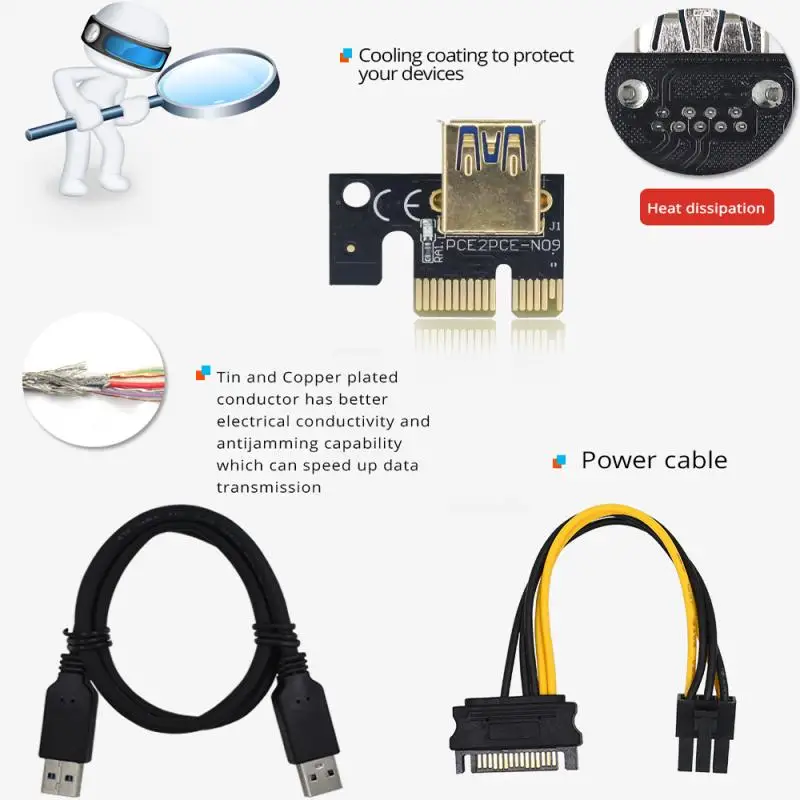 

3/6pcs VER009 Plus USB 3.0 PCI-E Riser VER 009S Express 1X 4x 8x 16x Extender Riser Adapter Card SATA 15pin To 6 Pin Power Cable