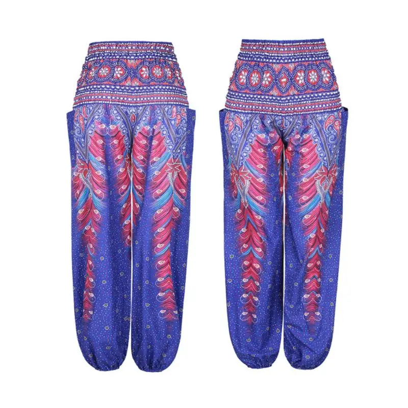 

Womens Smocked Waist Wide Leg Loose Harem Yoga Palazzo Pants Ethnic Floral Beach Belly Dance Baggy Lantern Trousers With Pockets