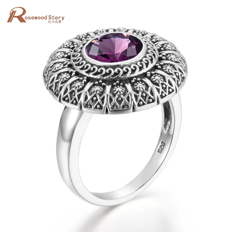 Женское кольцо из серебра 925 пробы с аметистом Винтажное резным белым золотом и