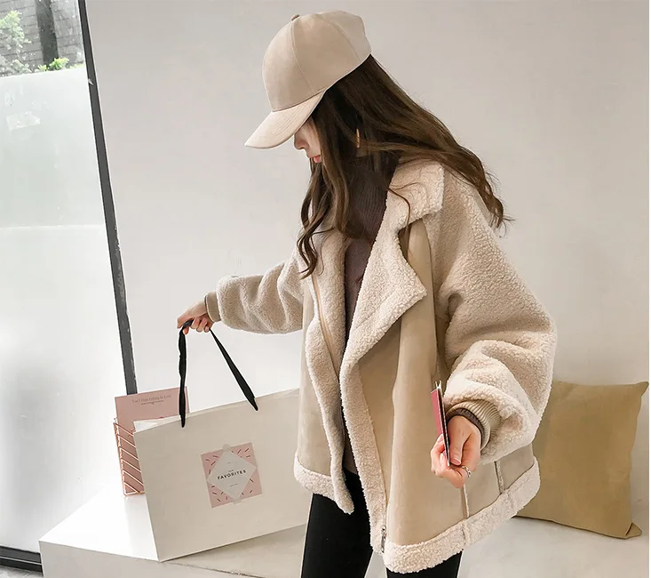 2021 Loose Fur One-piece Suede Jacket Women Short Lamb Thicken Fur Coat Lapel Zipper Coat Women Fashion Stitching Fur Jacket