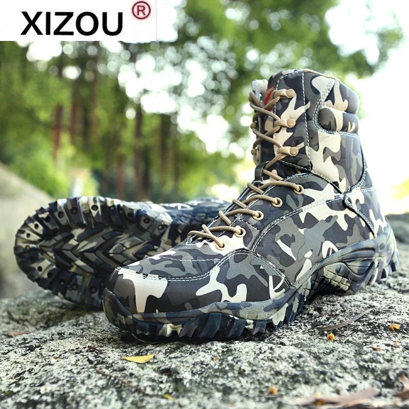 

XIZOU Men Military Army Boot 2021 Spring High Quality Waterproof Canvas Camouflage Tactical Combat Desert Ankle Boots Mens Shoes