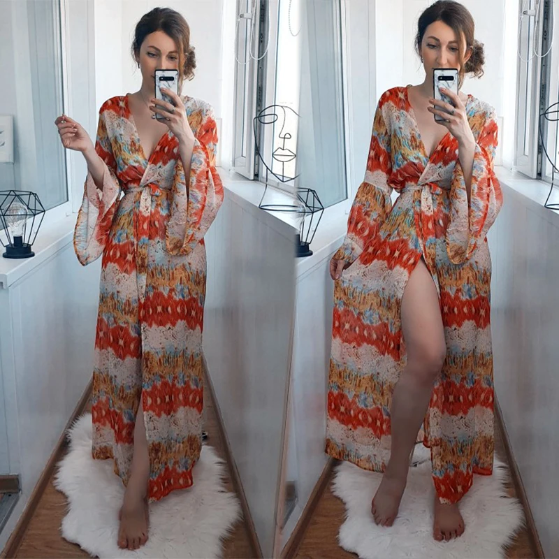 

2021 Boho Print Bikini Wrap Cover-ups Sexy Flare Sleeve Self Belt Summer Women Kimono Dress Beach Wear Swim Suit Cover Up A854